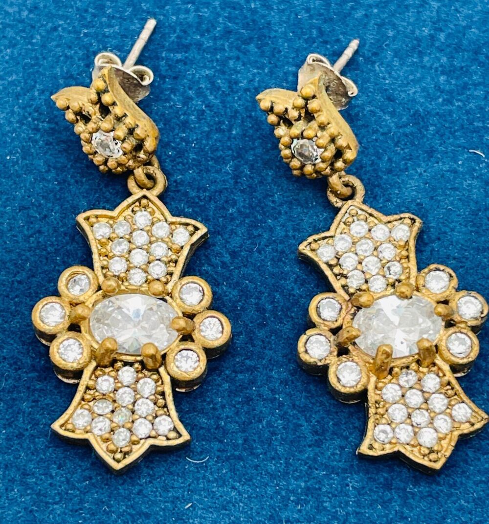 MyGoldMySilver Earrings Rhinestone 925 Brass Vintage Look Dangle Drop Pierced